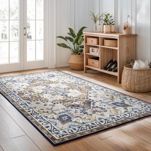 Rugflix 3x5 Area Rug for Living Room, Machine Washable Area Rugs with Non-Slip Backing, Large Soft Boho Vintage Rug for Bedroom, Dining Room, Low Pile Carpet, Kids Pet Friendly, Brown Beige