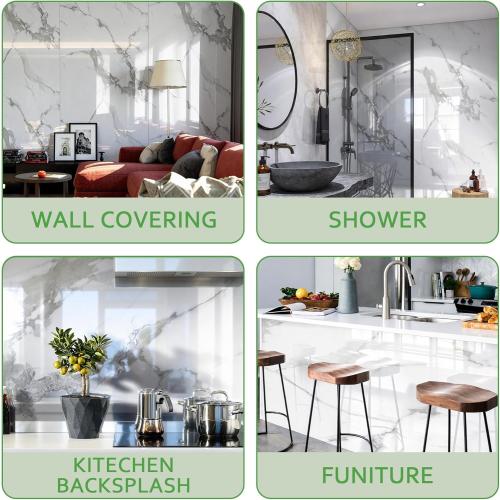 Marble Peel and Stick Waterproof Wall Paneling, Carrara White Glossy Finish Self-Adhesive Backsplash Tile Vinyl Wall Panel for Kitchen Bathroom Wall Decor,