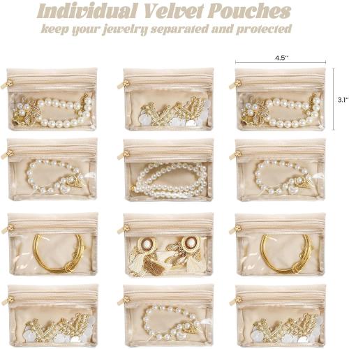 Travel Jewelry Case, Small Travel Jewelry Box with 12 Velvet Jewelry Bag Mini Pouch, Portable Travel Jewelry Organizer for Rings Earrings Necklaces (Beige 12 Pcs)