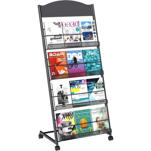 Black Baoz Magazine Rack Floor-Standing 4-Layer, Brochure Display Stand, Detachable Magazine Display with Wheels, High-hardness Metal Magazine Holder for Exhibitions, Office, Shopping Malls