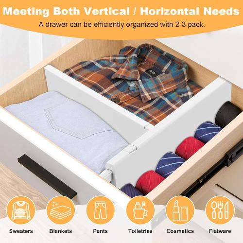 5 Pack Drawer Dividers, 4 Inch High Adjustable Dresser Drawer Organizers, Expandable from 14.8-22 inch Separators for Clothes, Kitchen, Office, Bathroom Organization, White