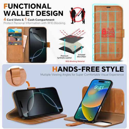 TUCCH Wallet Case for iPhone 16 Pro, [Removable] 2 in 1 [Wireless Charging] RFID Blocking [4 Card Holders] PU Leather Cover, Magnetic Detachable Folding Stand Folio Case for iPhone 16 Pro, Light Brown