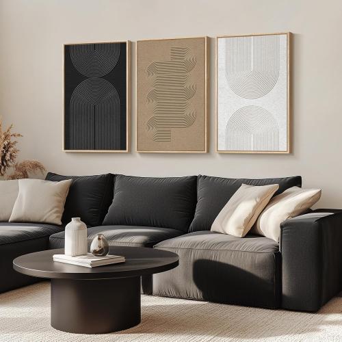 Large Framed Black and White Neutral Abstract Wall Art for Living Room, 3 Piece Boho Canvas Prints Paintings Artwork for Walls, Minimalist Geometric Pictures for Hallway Office Wall Decor 24x36 In
