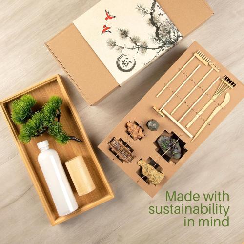 ENSO - Japanese Zen Garden for Desk - Extra Large 16 x 8 Desktop Mini Zen Garden with White Sand, Artificial Bonsai Tree, Rocks, Rakes & Accessories - Zen Gifts Sand Garden Kit for Office Decor