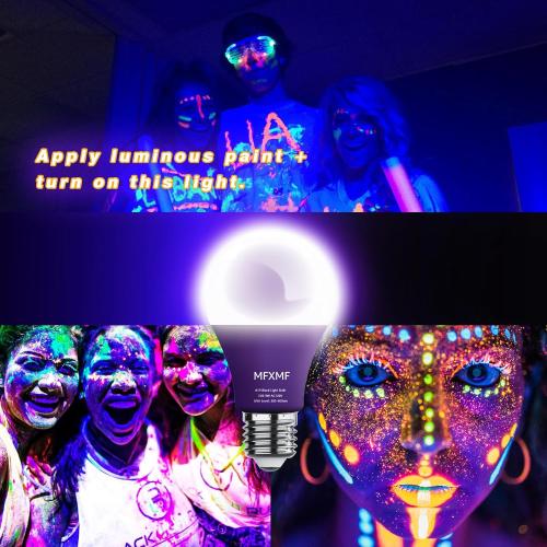 4 Pack A19 LED Black Light Bulbs,9W (100W Equivalent) E26 Base Dimmable Black Lights, UVA Level 385-400NM, Halloween Light Bulbs，Glow in The Dark，Fluorescent Poster, Body Paint,Neon Glow Party
