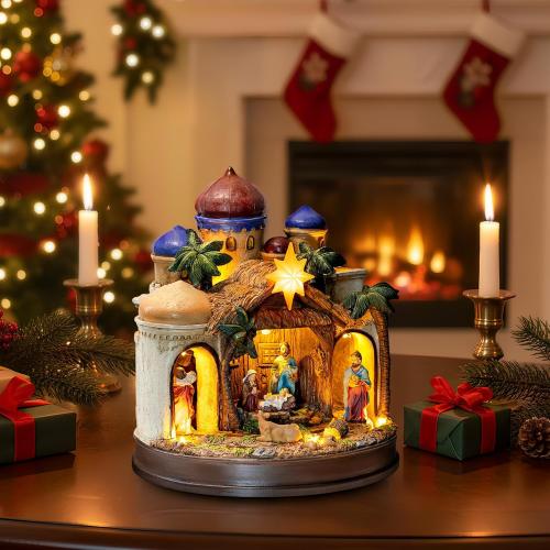 MXwcy Large Christmas Village Collectibles Statues Lighted Nativity Scene Architectural Decorations, Hand-Painted Bethlehem Creche with Holy Family & Magi, Religious Holiday Collectible Statue