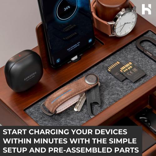 Holme & Hadfield Premium Wooden Phone Docking Station with Drawer – Nightstand Organizer for Charging Phone & Earbuds – Declutter Your Space with Felt-Lined Protection & Watch Pillar - Gift For Men