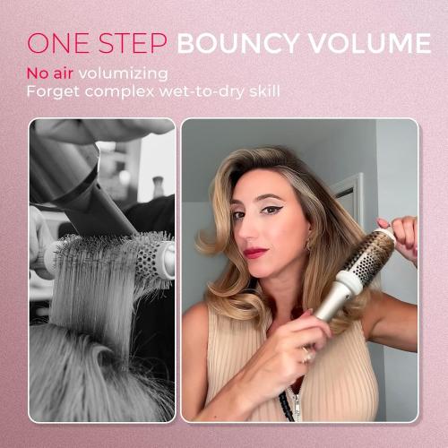 TYMO 2.0 Thermal Brush Curling Brush - STYLUX 1.7 Blowout Volumizer with Flexi-Fit for Hair Straightening, Heated Round Styler Tool, Hair Straightener and Curler 2 in 1, Dual Voltage & Light, Gold