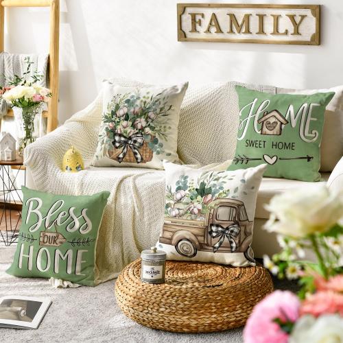 Bless Our Home Farmhouse Eucalyptus Leaves Throw Pillow Covers, 18 x 18 Inch Truck Home Sweet Cushion Case Decorations Set of 4