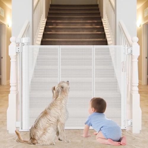 Reinforced Bottom Retractable Child Gate for Stairs Prevents Bottom Drilling Through Baby and Dog 80 Inch Extra Wide Retractable Toddler Gates for Stairs Mesh Baby Gate Retractable Gate for Dogs