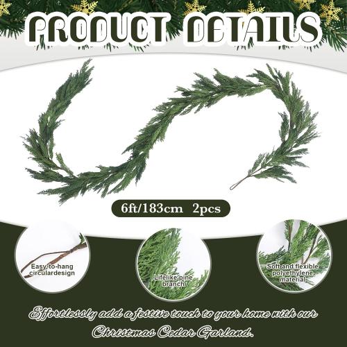 Jutom 2 PCS 6 ft Christmas Cedar Garland - Real Touch Cedar Needles Decorations Artificial Faux Holiday Greenery Garland for Seasonal Table, Mantel & Stair Decor