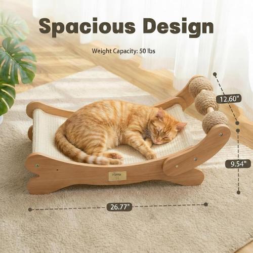 ‼️has mild fur ‼️Sisal Cat Scratcher Bed with 3 Toy Balls for Indoor Cats, Durable Wooden 3-in-1 Hammock Lounge & Scratch Pad - Modern Furniture for Large Cats, Scratching Post Lounger