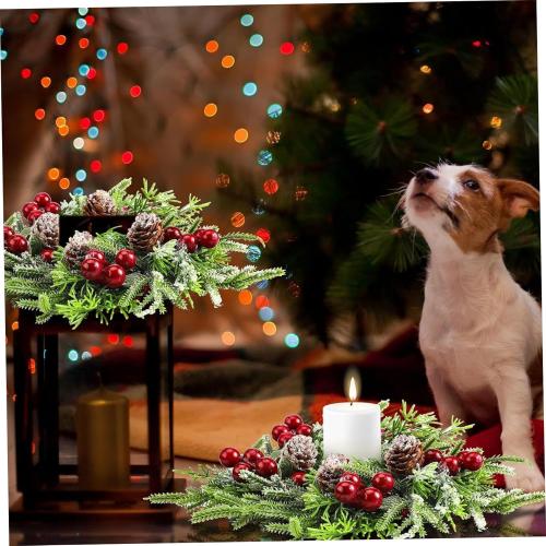 Candle Rings with Red Berries and Pinecones 2Pcs Christmas Candle Wreaths Artificial Centerpiece for Pillars Winter Wedding Holiday Table Decor