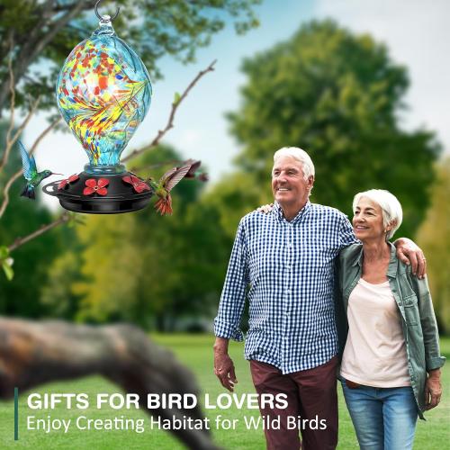 Hummingbird Feeders for Outdoors Hanging Ant and Bee Proof, Hand Blown Glass Hummingbird Feeder with 5 Perches, 30 Fuild Oz Capacity, Garden Backyard Decor, Blue
