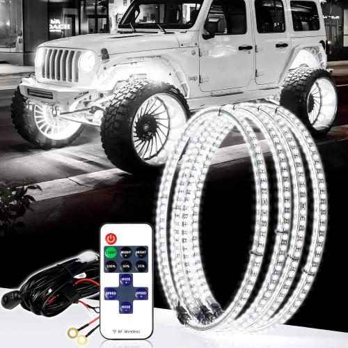 15.5 Inch Cool White Rim Lights,Wheel Light for Cars,Pure White Wheel Lights,6500k Cool White,IP68 Waterproof,Rocker Switch Control,Double Row LED Beads（4 Pcs ）