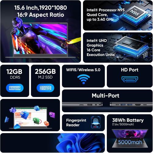 Coolby 15.6inch Laptop, 12GB RAM/256GB SSD, 1920x1080 IPS Display, Intel N95(Beats N5095) Quad Core Laptop Computer, Support Fingerprint