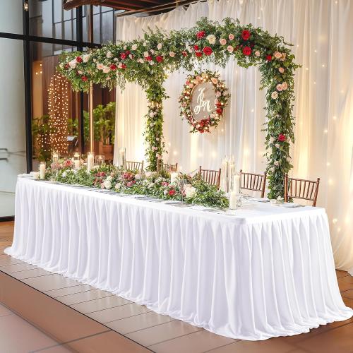 Wish Care 9ft Long White Table Skirt for Rectangle Tables Decorations - Wrinkle Resistant Polyester Pleated Table Skirting Desk Skirt for Office Baby Shower Birthday Party Wedding Banquet