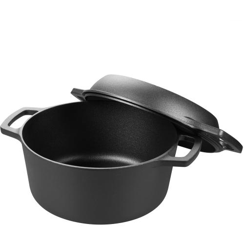 Pre-seasoned Cast Iron Double Dutch Oven Pot with Skillet Lid, Dual-handle, for Bread Baking, Outdoor, Campfire Cooking, 5 Quart