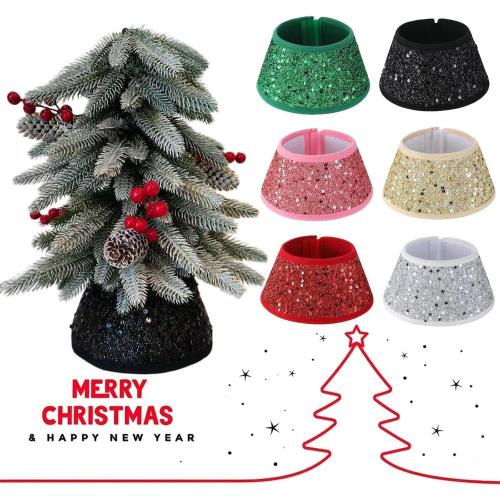 7.5 Inch Glittering Christmas Tree Collar, Sequin Rustic Mini Tree Skirt Base Cover for Small Tabletop Trees, Holiday Home Decor Gift, Black