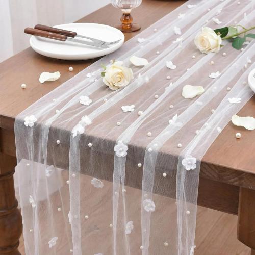 Lounsweer 3 Pcs Tulle Table Runner 10ft Embroidery Table Runner Tulle Fabric Wedding Lace Tablecloth for Bridal Shower Veil Baby Shower Sweetheart Birthday Home Decorations (White,Pearl)