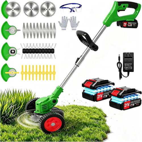 21V Electric Weed Wacker, Cordless Weed Eater Battery Powered, Lightweight Stringless Weed Trimmer with 2 Battery Operated & Wheels, 4 in 1 Grass Trimmer/Brush Cutter/Lawn Edger/Mower for Garden Yard