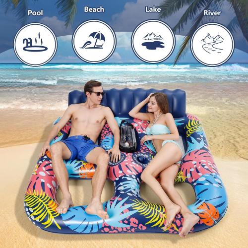 2-Person Inflatable Pool Floats Adult Heavy Duty, 71 x 61 Pool Lounger Float with Cup Holders & Backrest & Removable Insulated Cooler, Thickened Swimming Raft for Pool Party, Lake, Beach, River