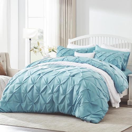 Fluffy Comforter Set, KING 7 Pieces Pinch Pleat Design Bedding Set, Down Alternative Comforter with 2 Pillow Shams, 2 Pillowcases, 1 Flat Sheet, 1 Fitted Sheet (Stone Blue Pinch Pleat, KING)