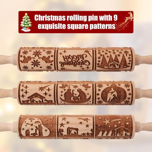 17 Premium Wooden Rolling Pins for Baking with Nativity Embossed Designs | 3mm Deep Springerle Cookie Molds | Christmas Rolling Pin & Baking Gifts for Women | Includes 3-in-1 Cleaning Brush