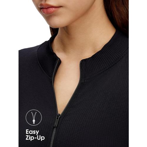 Medium Front Zip Up Jumpsuits for Women - Long Sleeve Crew Neck Ribbed Seamless Bodycon Romper, Casual Yoga Workout Outfits