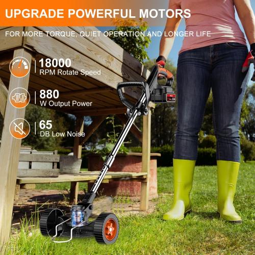 Cordless Weed Wacker with Wheels, 880W Electric Weed Eater Battery Powered with 2 x 21V Batteries, 3-in-1 Grass Trimmer/Brush Cutter with 5 Types Blades for Lawn, Yard & Garden