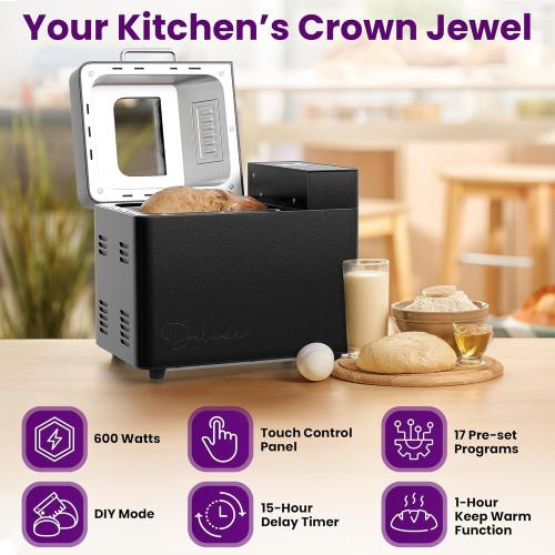 2LB Sourdough Bread Maker Machine for Home Bakery - 17 Program Gluten Free Bread Machine Maker with 15H Timer, 3 Loaf/Crust Sizes, Nut Dispenser - Aluminum Breadmaker Machines w/Recipe Book