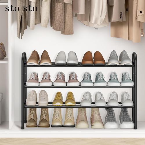 STO STO Expandable Shoe Rack, 3-Tier Metal Small Shoe Rack for Closet, Up to 16 Pairs Adjustable Shoe Rack Storage for Front Door Entrance, Free Standing Shoe Rack Organizer for Entryway, Black