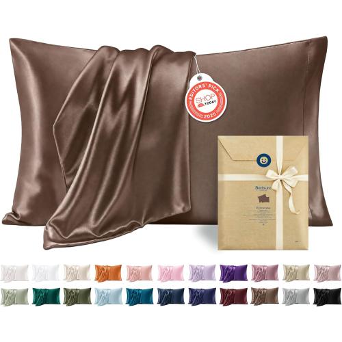 Bedsure Satin Pillowcase Standard Set of 2, Silky Pillow Cases, Brown