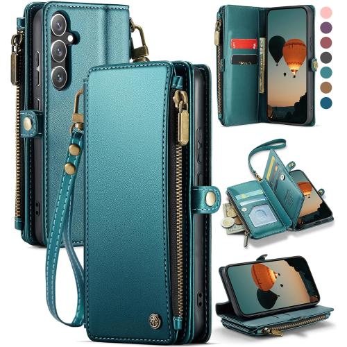 Defencase Compatible with Samsung Galaxy S24 Case Wallet with RFID Blocking Card Holder for Women Men, PU Leather Magnetic Snap Flip Zipper Strap Wallet Phone Case Fit for Galaxy S24 5G 6.2, Green