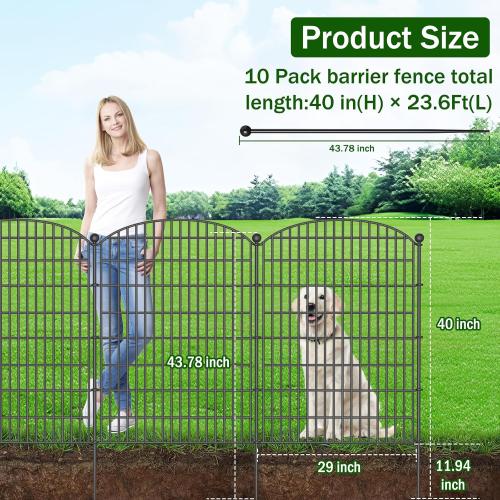 10 Panels No Dig Decorative Garden Fence with Gate - 40 in (H) x 23.6 ft (L), Dog Fence Outdoor for Yard, Rustproof Metal Animal Barrier Ground Stakes Fencing for Garden, Patio, Flower Bed