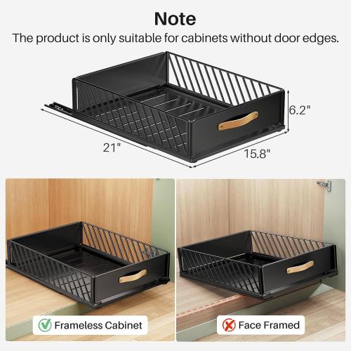 Pull out Cabinet Organizer Fixed with Adhesive Nano Film,Heavy Duty Slide out Pantry Shelves Drawer Storage,Sliding Mesh Cabinet Basket with Handle for Kitchen, Bathroom,Home, 15.8W X 21D X6.2H