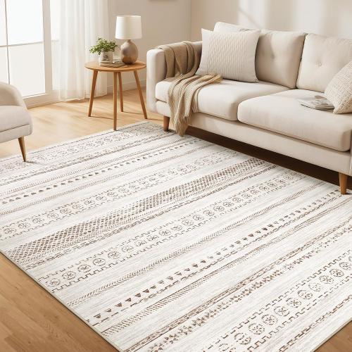 Area Rug Living Room Rugs - 5x7 Washable Boho Farmhouse Bohemian Neutral Large Moroccan Geometric Soft No Slip Indoor Rug Thin Floor Carpet for Bedroom Under Dining Table Home Office - Brown