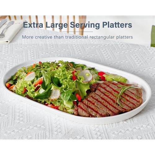 ONEMORE 16 Inch Ceramic Serving Plates for Entertaining, Set of 2 Large Oval Dinner Plates- Dishwasher Oven Safe Serving Tray for Food Meat Fish Parties- Porcelain Thanksgiving Turkey Platters - White