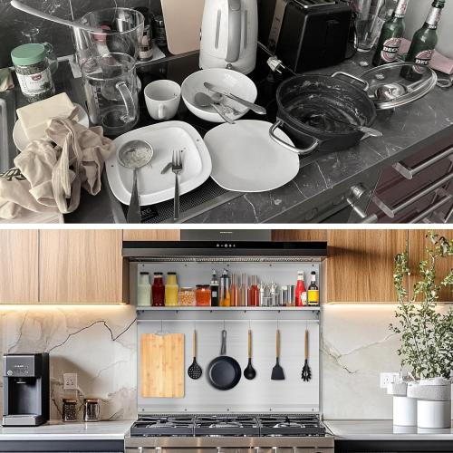 Size 30x24 Stainless Steel Backsplash for Stove & Hood, Stove Backsplash with Storage Shelf & Hanging Rack, Easy-Clean Kitchen Wall Splash Guard & Protector