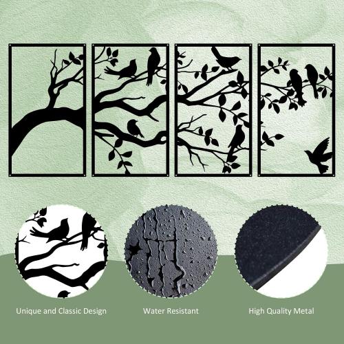 ruelen Wall Decor 4 Pieces Large Metal Birds and Branch Wall Art, Tree of Life Metal Wall Art, Black Leaves with Birds Silhouette Hanging Wall Sculpture For Indoor Home Bedroom Living Room Outdoor