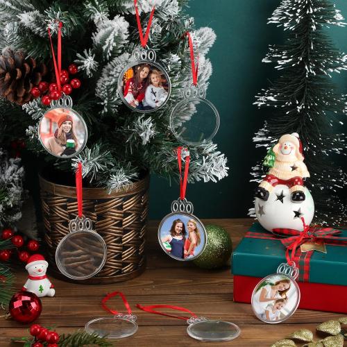 24 Pcs 2025 Christmas Clear Round Frame Ornaments with Red Ribbon, Acrylic Blank Round Photo Frame Bulk, Hanging Photo Ornaments for Christmas Tree Decoration (Crown Style)