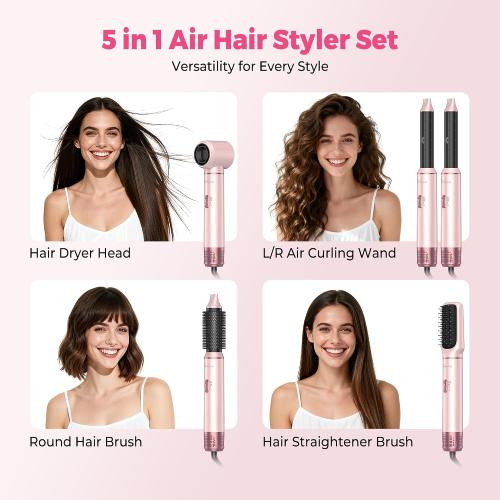 5 in 1 Hair Dryer Brush Set, Detachable Hot Air Styler, Blow Dryer Brush, 3 Heat Settings Auto Curling Wrap Styler, Ionic Hair Styling Tools - Straighten Curl Dry Volumize Smooth (Pink)