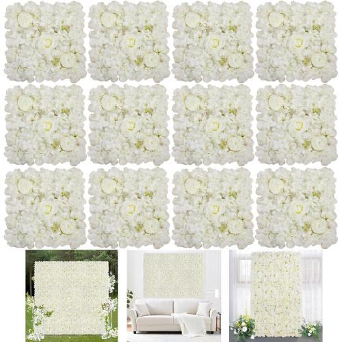 White Flower Wall Backdrop 15x15 Inches: 12 Packs 3D Floral Rose Wall Panels - Wedding Party Event Background Decorations