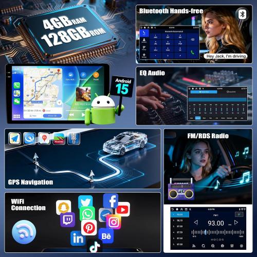 4G 128G for Honda Civic 2013-2017 Android 15 Car Stereo Radio with Wireless CarPlay Android Auto, 9” 1280 * 720P IPS Touchscreen, Bluetooth5.0, GPS, WiFi, supports AHD Rear Camera, EQ, Split Screen, SWC