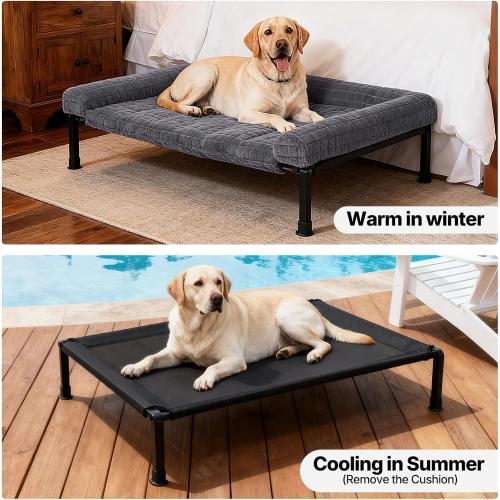Veehoo Elevated Dog Bed Large Sized with Fluffy Plush Bolster Cushion, Washable Orthopedic Dog Couch Bed, Cooling Raised Pet Cot with Removable Mat, Breathable Mesh, No-Slip Feet, 45 x 34 inches, Grey