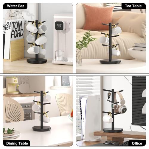 Wisuce Coffee Mug Holder Tree Upgraded 360Rotated Cup Holder for Counter Black Wood Cup Tree Mug Rack Organizer Stand with 6 Hooks for Kitchen Coffee Bar Accessories