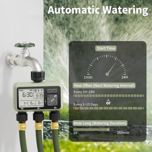Diivoo 3 Zone Sprinkler Timer, Water Timer 3 Outlet for Garden Hose, Programmable Automatic Irrigation Timer IP54 with Rain Delay and Manual/Auto Mode Watering for Lawn, Yard, Pool, Green, HCT-378