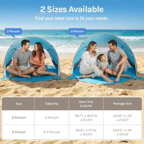 Wolfwise Pop up Beach Tent Sun Shelter with UPF50  UV Protection, Instant Easy Setup Popup Beach Shade Canopy for 3 Person, Portable & Foldable with Carring Bag, 87 ×57×47 in, Blue