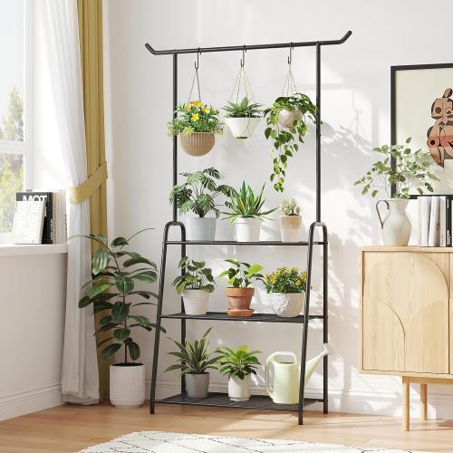 Plant Stand Indoor Outdoor,Metal Plant Stands for Multiple Plants,3 Tier Tall Hanging Plant Shelf,Large Heavy Duty Flower Holder Ladder Plant for Living Room, Patio, Balcony (Black)