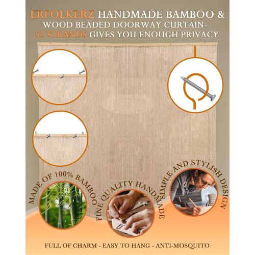 90 Strands Beaded Curtain for Doorways -35.5x79- Handmade Natural Beaded Curtains，Boho Doorway Wood and Bamboo Bead Curtain-As Insect Screen/Room Divider-Beige